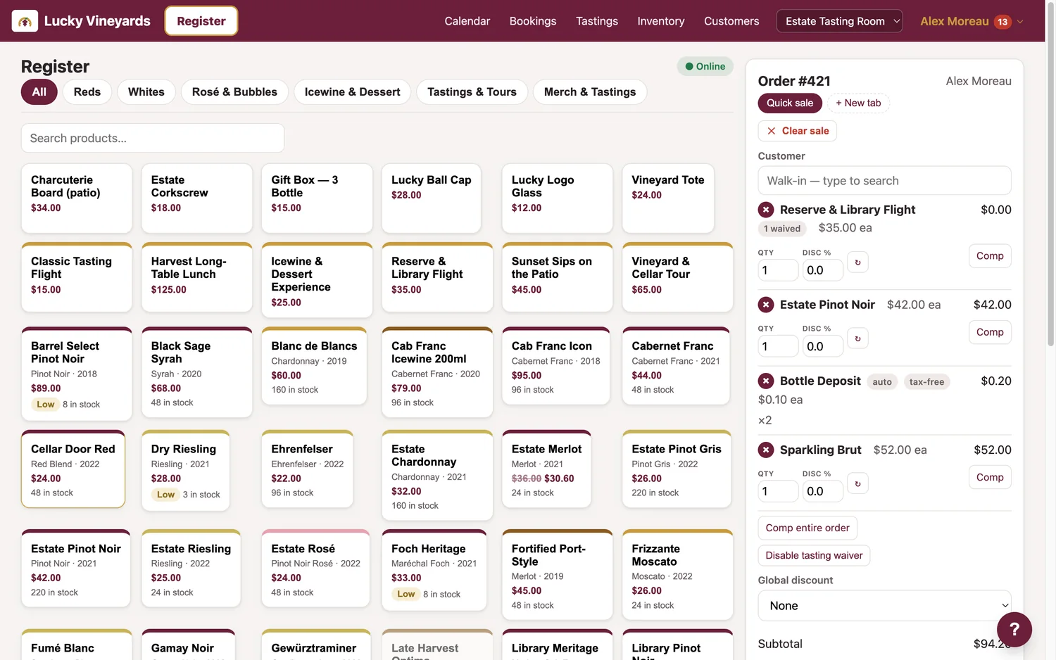 The SipsPOS register — a tap-to-add wine grid with a live cart, tips and BC tax broken out